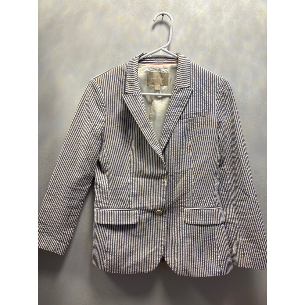Banana Republic Seersucker Blazer Womens 6 Blue White Good Striped Cotton Jacket